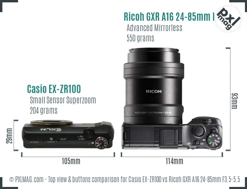 Casio EX-ZR100 vs Ricoh GXR A16 24-85mm F3.5-5.5 top view buttons comparison