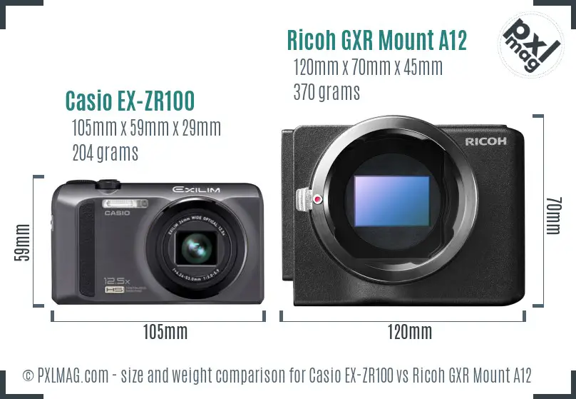 Casio EX-ZR100 vs Ricoh GXR Mount A12 size comparison