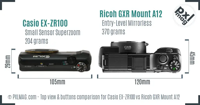 Casio EX-ZR100 vs Ricoh GXR Mount A12 top view buttons comparison