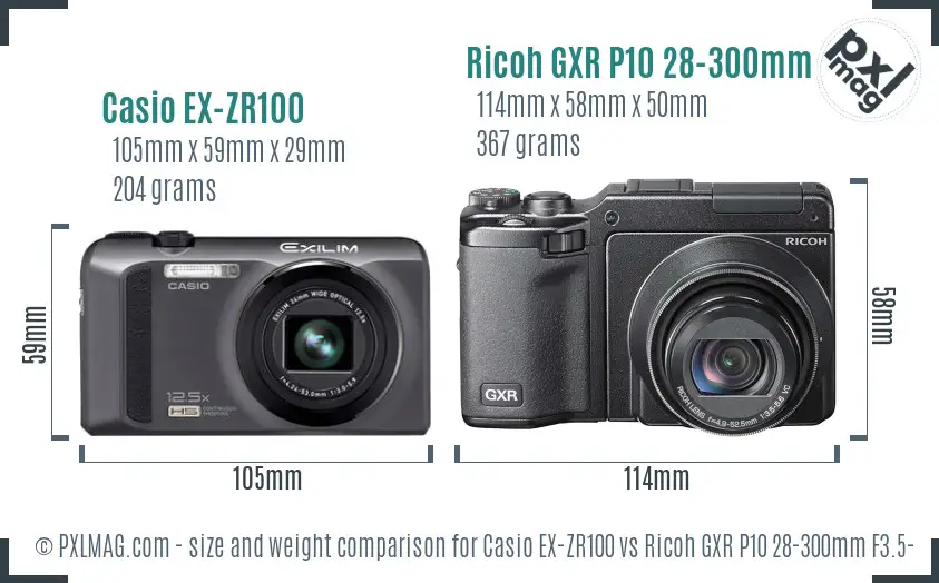 Casio EX-ZR100 vs Ricoh GXR P10 28-300mm F3.5-5.6 VC size comparison