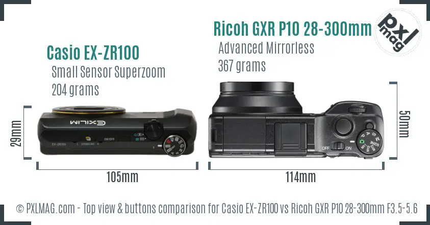 Casio EX-ZR100 vs Ricoh GXR P10 28-300mm F3.5-5.6 VC top view buttons comparison