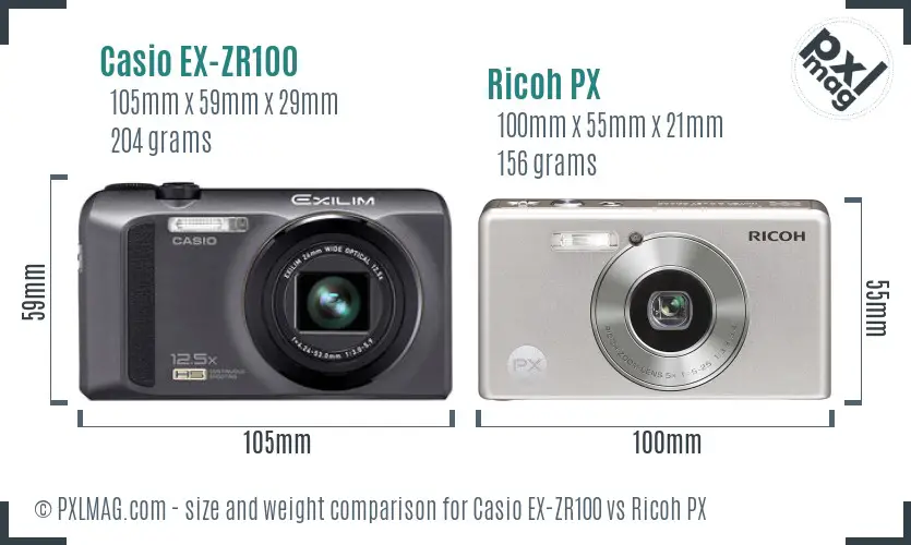 Casio EX-ZR100 vs Ricoh PX size comparison