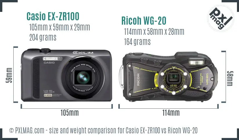 Casio EX-ZR100 vs Ricoh WG-20 size comparison