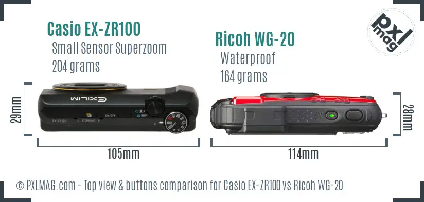 Casio EX-ZR100 vs Ricoh WG-20 top view buttons comparison