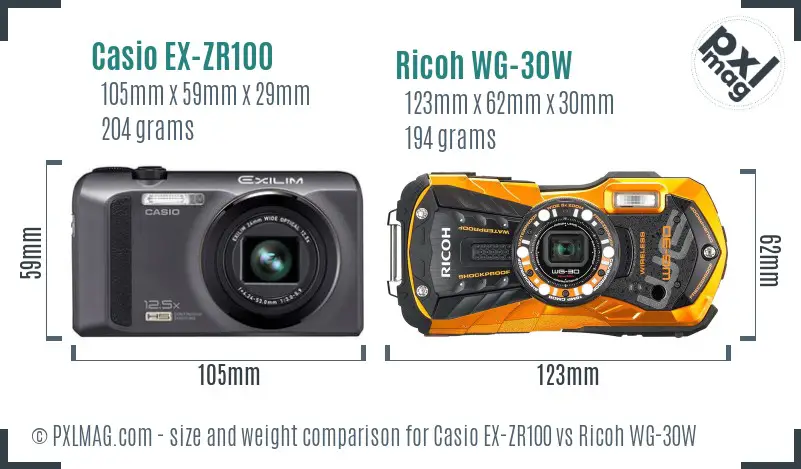 Casio EX-ZR100 vs Ricoh WG-30W size comparison