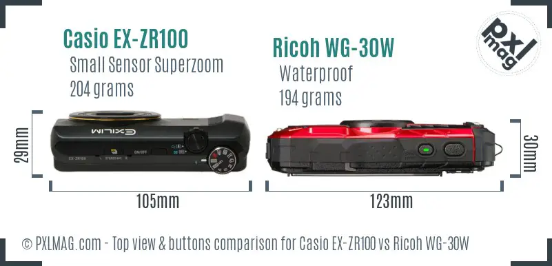 Casio EX-ZR100 vs Ricoh WG-30W top view buttons comparison