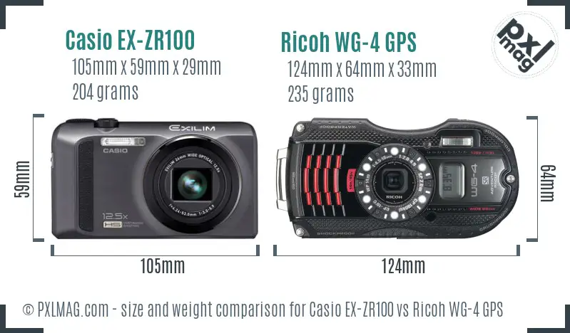 Casio EX-ZR100 vs Ricoh WG-4 GPS size comparison