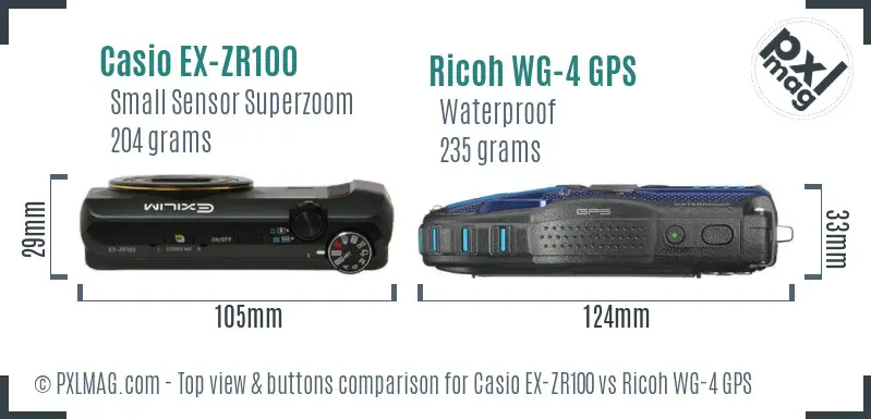 Casio EX-ZR100 vs Ricoh WG-4 GPS top view buttons comparison