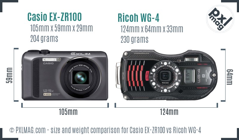 Casio EX-ZR100 vs Ricoh WG-4 size comparison