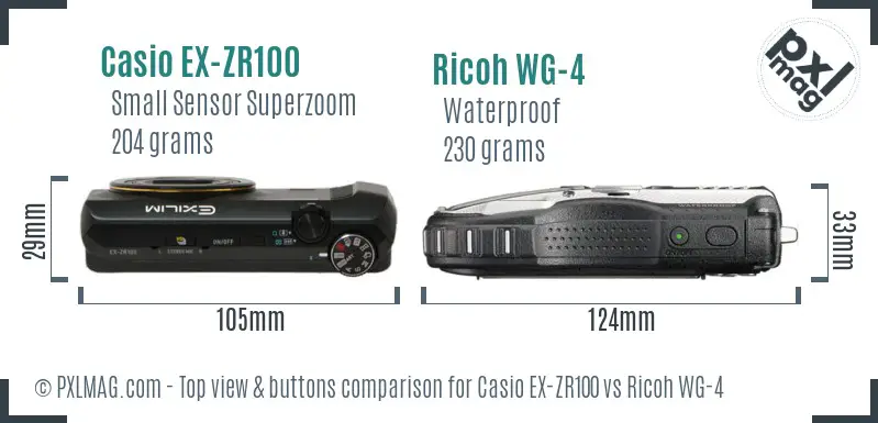 Casio EX-ZR100 vs Ricoh WG-4 top view buttons comparison