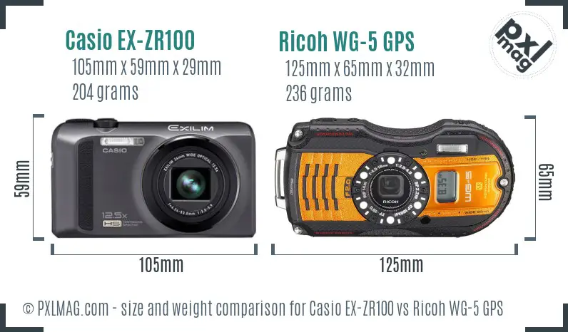 Casio EX-ZR100 vs Ricoh WG-5 GPS size comparison