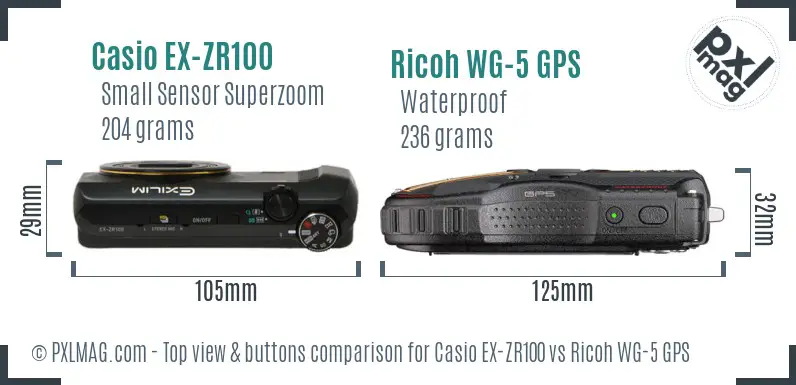 Casio EX-ZR100 vs Ricoh WG-5 GPS top view buttons comparison