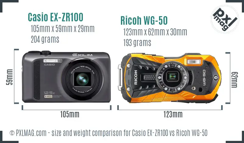 Casio EX-ZR100 vs Ricoh WG-50 size comparison