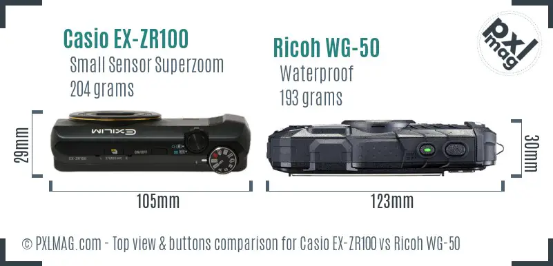 Casio EX-ZR100 vs Ricoh WG-50 top view buttons comparison