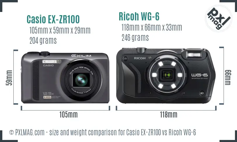 Casio EX-ZR100 vs Ricoh WG-6 size comparison
