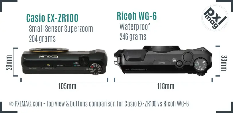 Casio EX-ZR100 vs Ricoh WG-6 top view buttons comparison