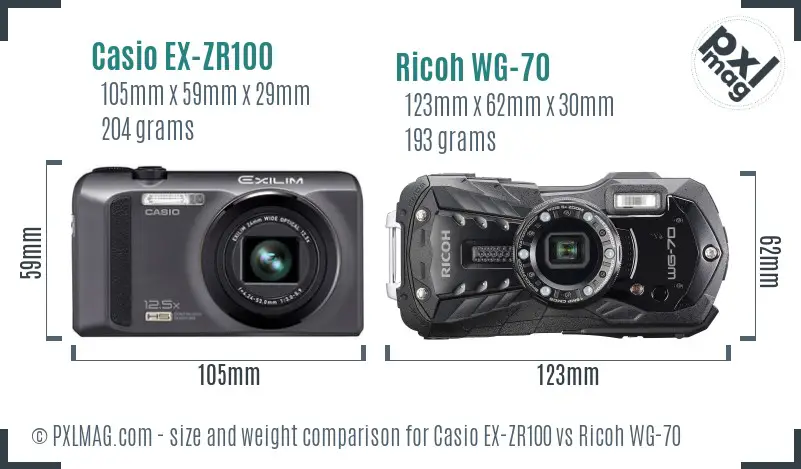 Casio EX-ZR100 vs Ricoh WG-70 size comparison