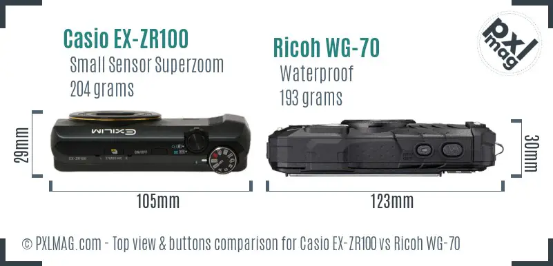 Casio EX-ZR100 vs Ricoh WG-70 top view buttons comparison