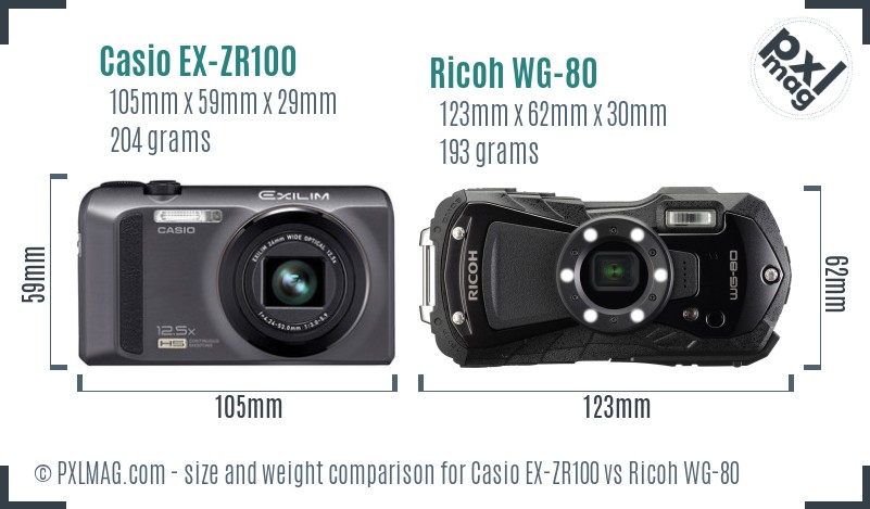 Casio EX-ZR100 vs Ricoh WG-80 size comparison Casio EX-ZR100 vs Ricoh WG-80 size comparison