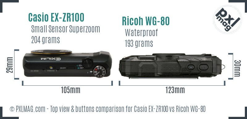 Casio EX-ZR100 vs Ricoh WG-80 top view buttons comparison