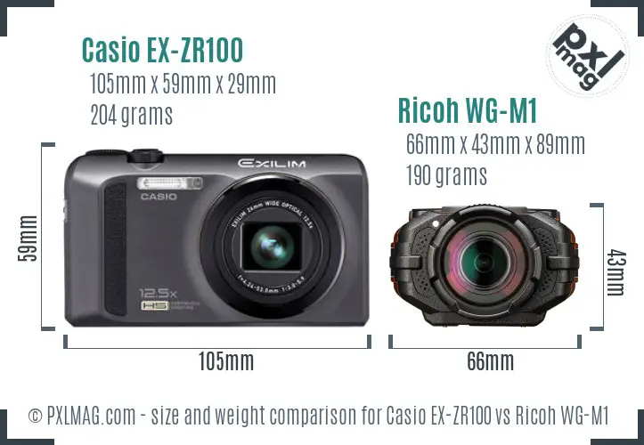 Casio EX-ZR100 vs Ricoh WG-M1 size comparison