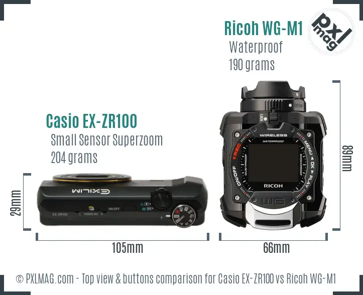 Casio EX-ZR100 vs Ricoh WG-M1 top view buttons comparison