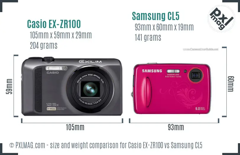 Casio EX-ZR100 vs Samsung CL5 size comparison