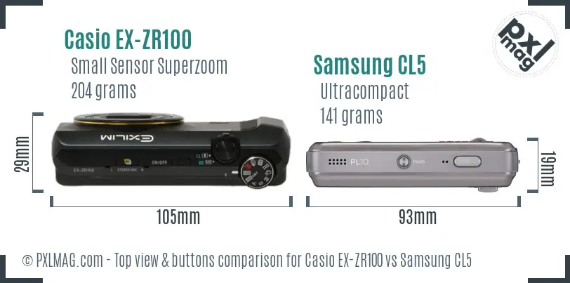 Casio EX-ZR100 vs Samsung CL5 top view buttons comparison