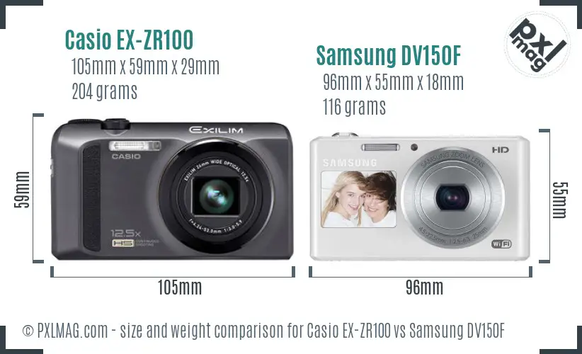 Casio EX-ZR100 vs Samsung DV150F size comparison