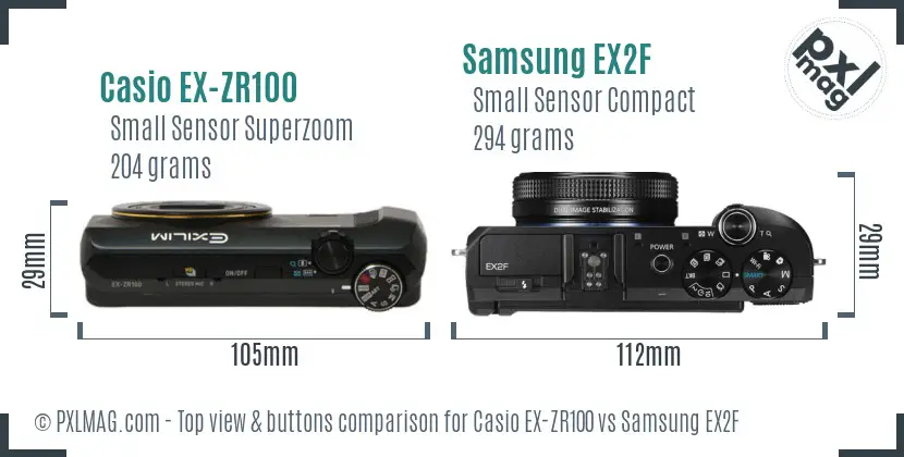 Casio EX-ZR100 vs Samsung EX2F top view buttons comparison Casio EX-ZR100 vs Samsung EX2F top view buttons comparison