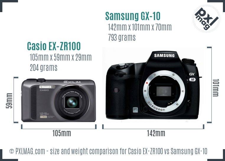 Casio EX-ZR100 vs Samsung GX-10 size comparison