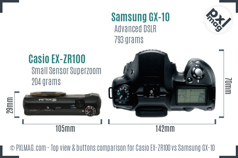 Casio EX-ZR100 vs Samsung GX-10 top view buttons comparison