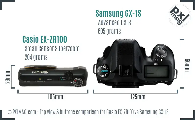 Casio EX-ZR100 vs Samsung GX-1S top view buttons comparison Casio EX-ZR100 vs Samsung GX-1S top view buttons comparison