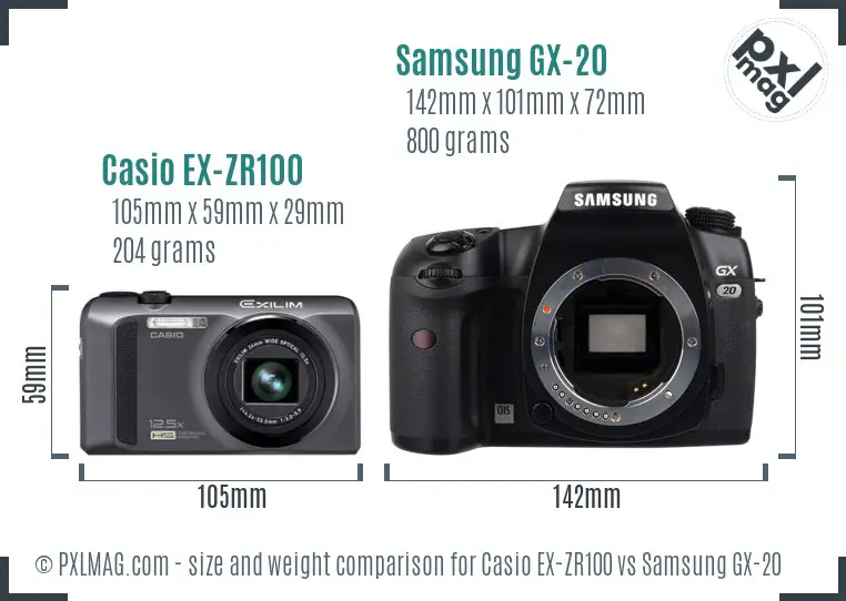 Casio EX-ZR100 vs Samsung GX-20 size comparison Casio EX-ZR100 vs Samsung GX-20 size comparison