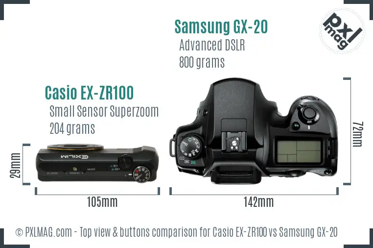 Casio EX-ZR100 vs Samsung GX-20 top view buttons comparison Casio EX-ZR100 vs Samsung GX-20 top view buttons comparison