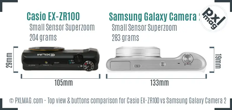 Casio EX-ZR100 vs Samsung Galaxy Camera 2 top view buttons comparison