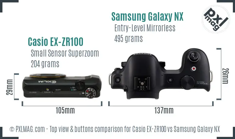 Casio EX-ZR100 vs Samsung Galaxy NX top view buttons comparison