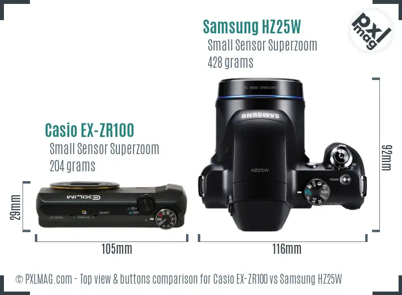 Casio EX-ZR100 vs Samsung HZ25W top view buttons comparison Casio EX-ZR100 vs Samsung HZ25W top view buttons comparison