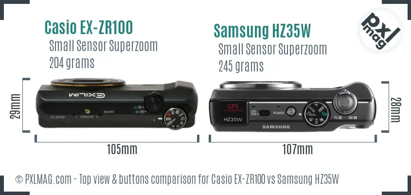 Casio EX-ZR100 vs Samsung HZ35W top view buttons comparison Casio EX-ZR100 vs Samsung HZ35W top view buttons comparison