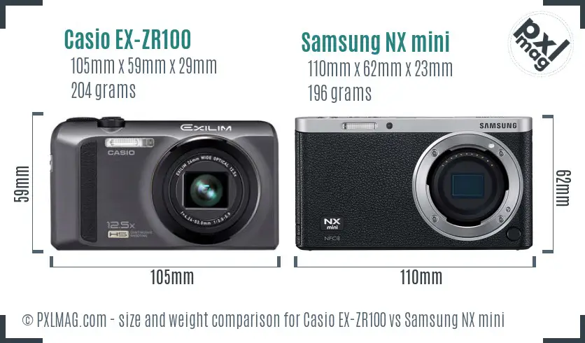 Casio EX-ZR100 vs Samsung NX mini size comparison Casio EX-ZR100 vs Samsung NX mini size comparison