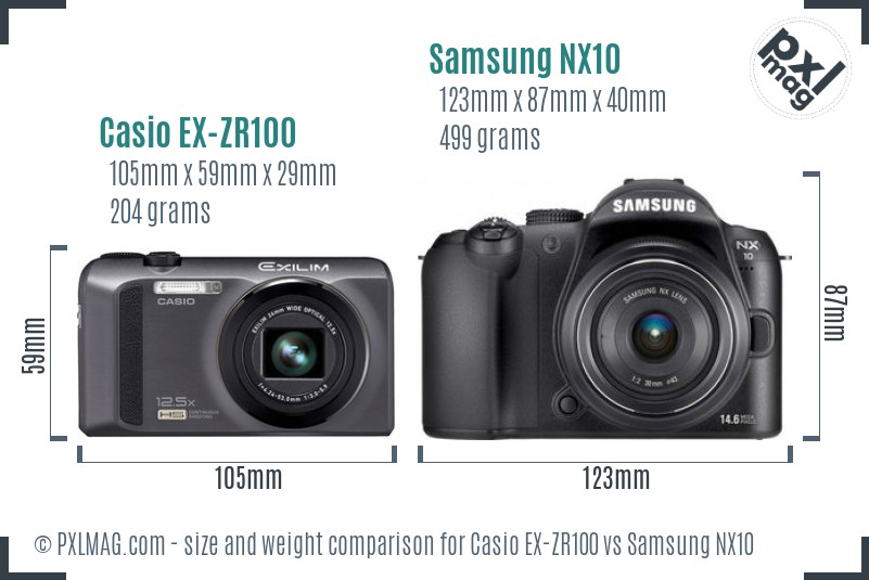 Casio EX-ZR100 vs Samsung NX10 size comparison Casio EX-ZR100 vs Samsung NX10 size comparison