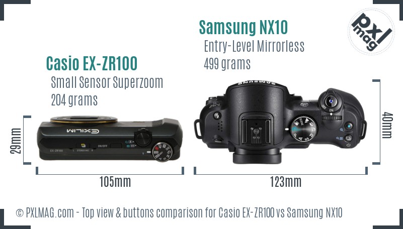 Casio EX-ZR100 vs Samsung NX10 top view buttons comparison