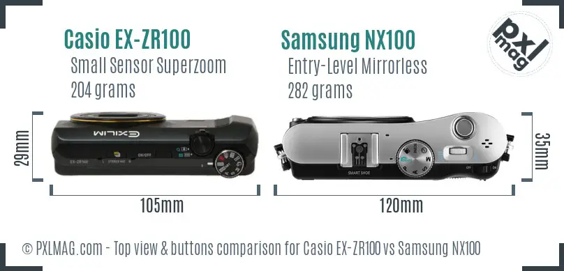 Casio EX-ZR100 vs Samsung NX100 top view buttons comparison