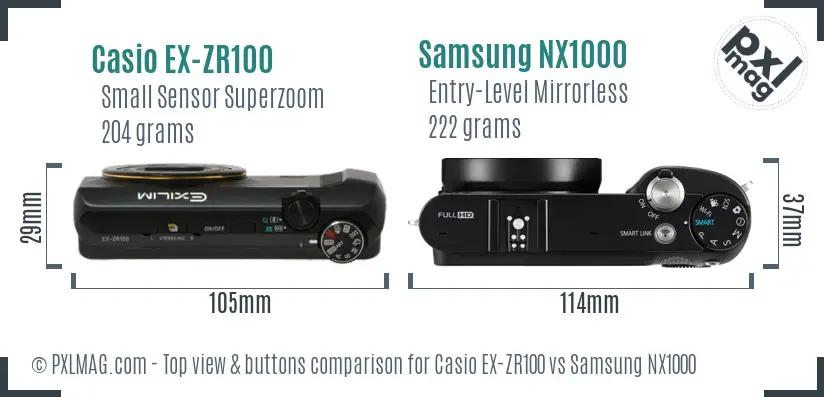 Casio EX-ZR100 vs Samsung NX1000 top view buttons comparison Casio EX-ZR100 vs Samsung NX1000 top view buttons comparison