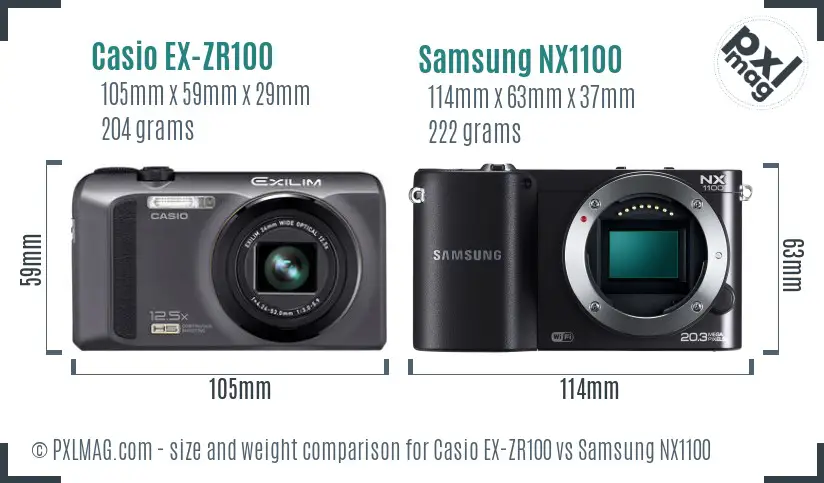 Casio EX-ZR100 vs Samsung NX1100 size comparison Casio EX-ZR100 vs Samsung NX1100 size comparison