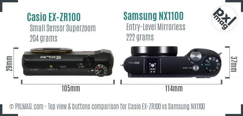 Casio EX-ZR100 vs Samsung NX1100 top view buttons comparison Casio EX-ZR100 vs Samsung NX1100 top view buttons comparison
