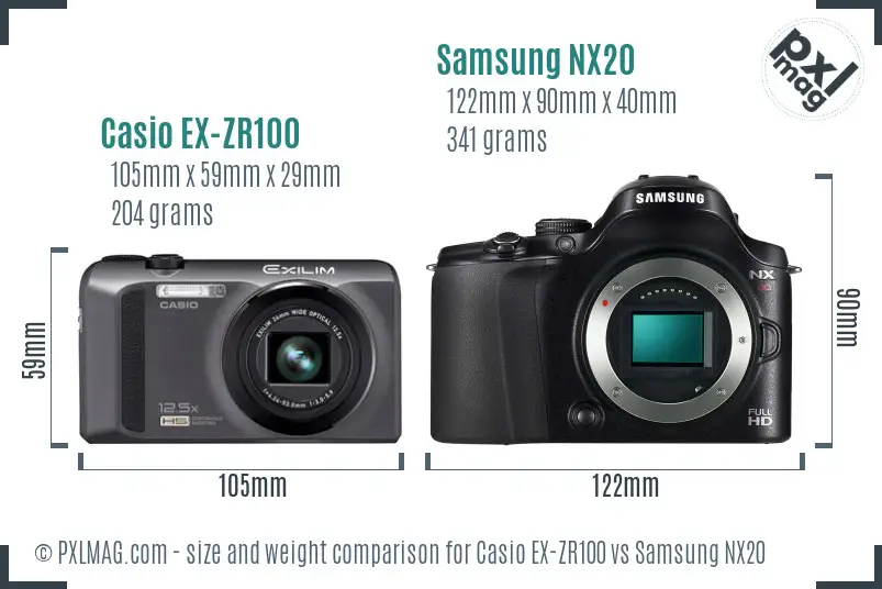 Casio EX-ZR100 vs Samsung NX20 size comparison