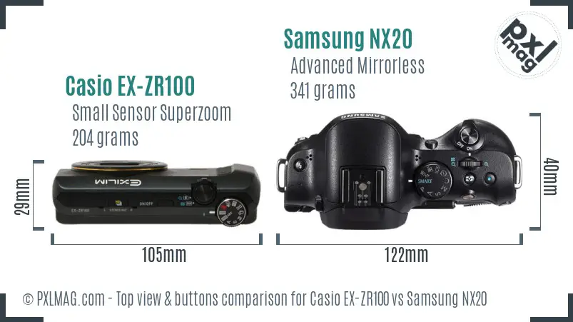 Casio EX-ZR100 vs Samsung NX20 top view buttons comparison