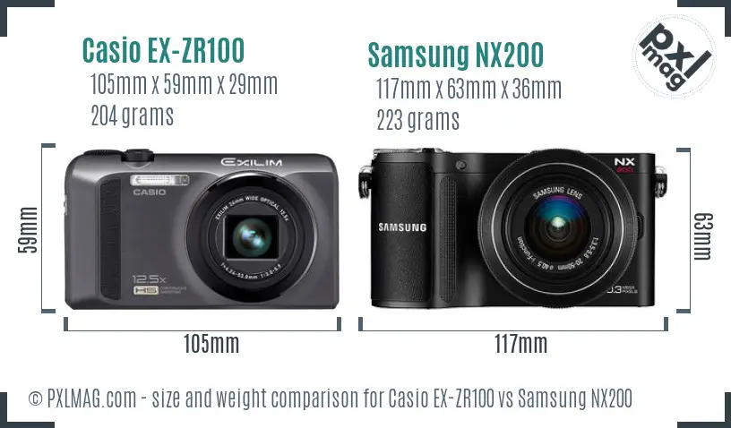 Casio EX-ZR100 vs Samsung NX200 size comparison