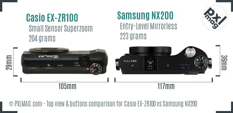 Casio EX-ZR100 vs Samsung NX200 top view buttons comparison